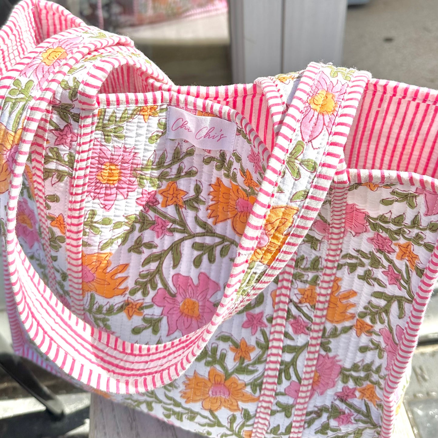 🩷COMING BACK SOON🩷 Pink & Green Floral Quilted Cotton Tote Bag
