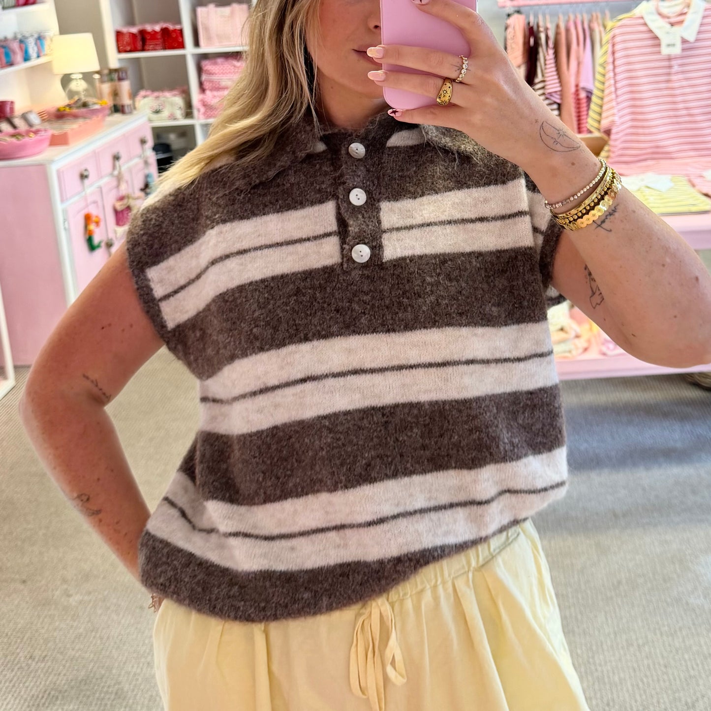 Brown & Cream Knitted Stripe Collared Button Vest Top