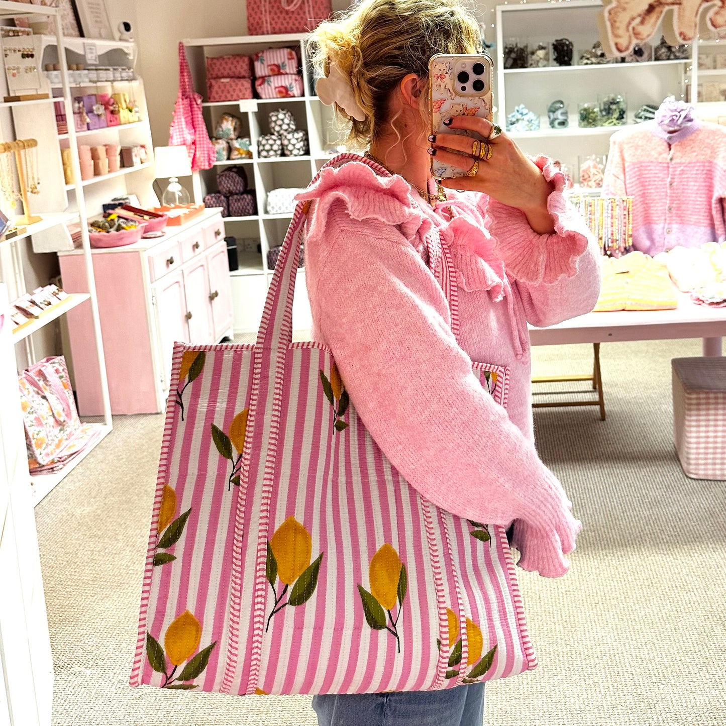 🍋💖 Large Pink & Lemon Print Tote Bag