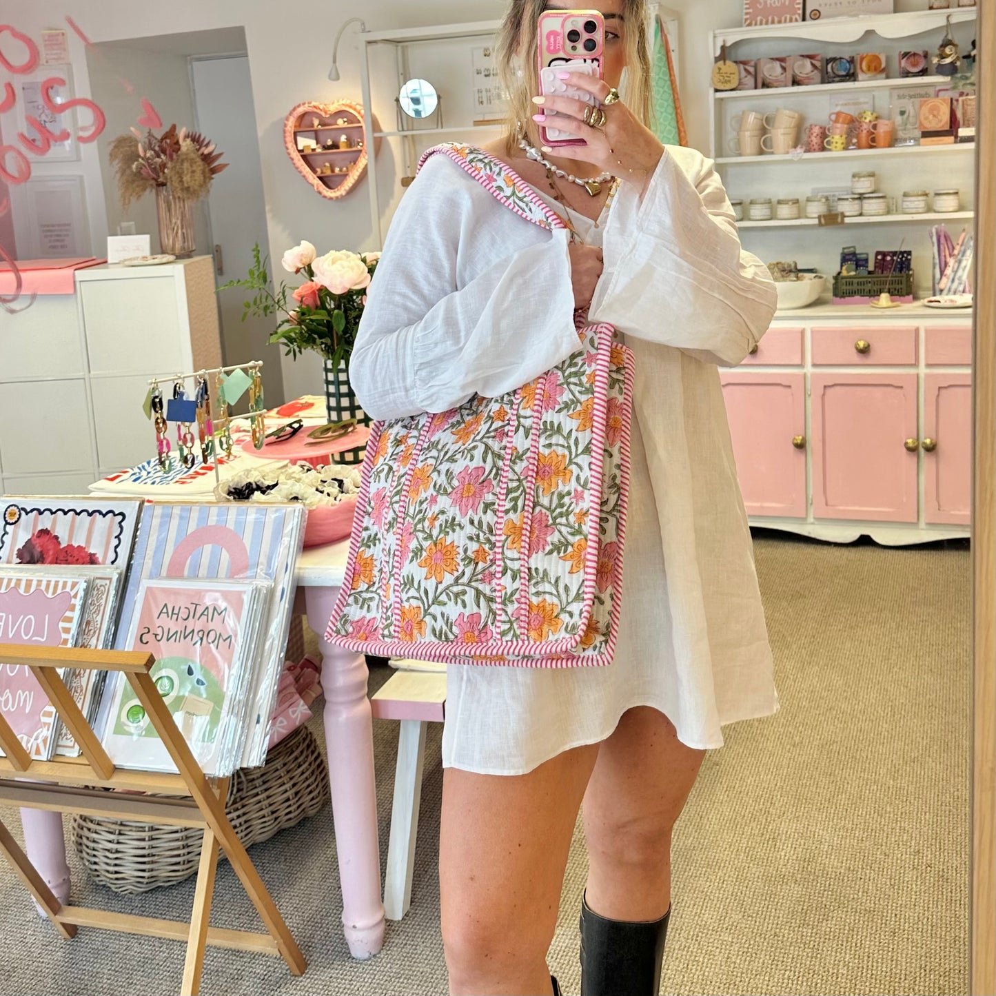 🩷Pink & Green Floral Quilted Cotton Tote Bag