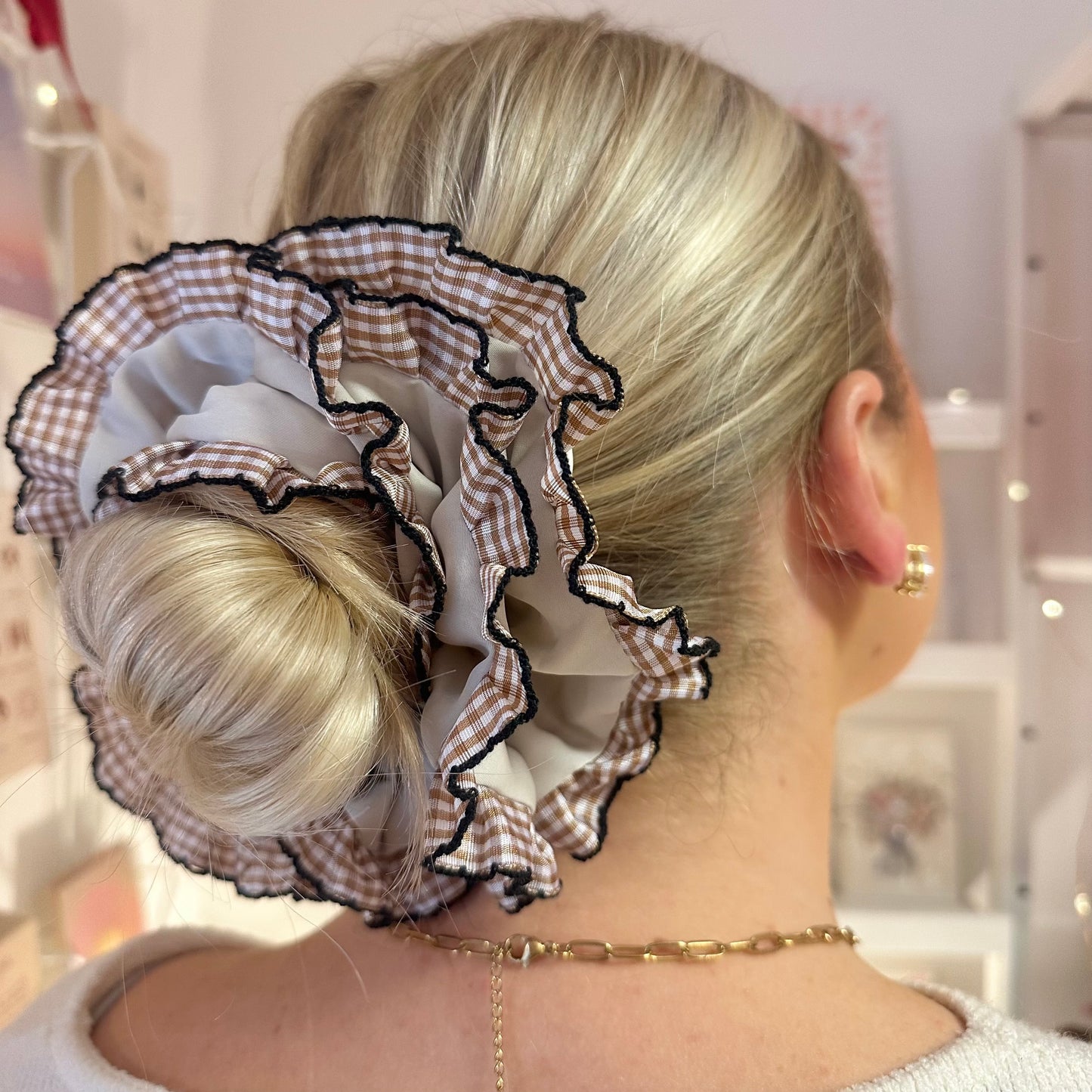 Frilly Beige Scrunchie With Brown Gingham Trim