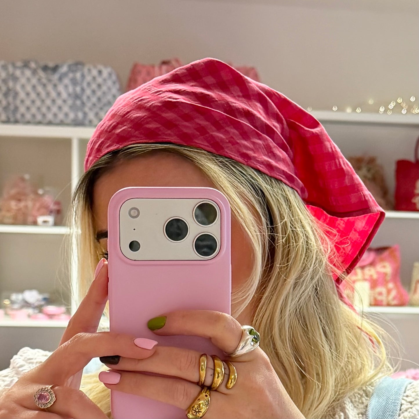 Burgundy & Pink Gingham Cotton Bandana