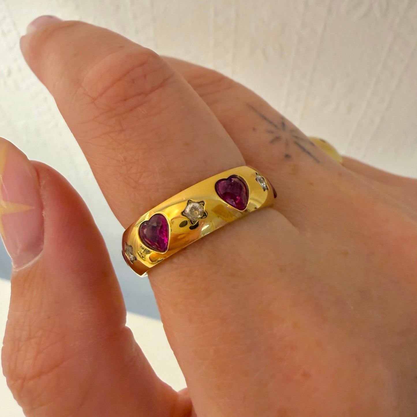 Burgundy Heart & Star Gemstone Ring