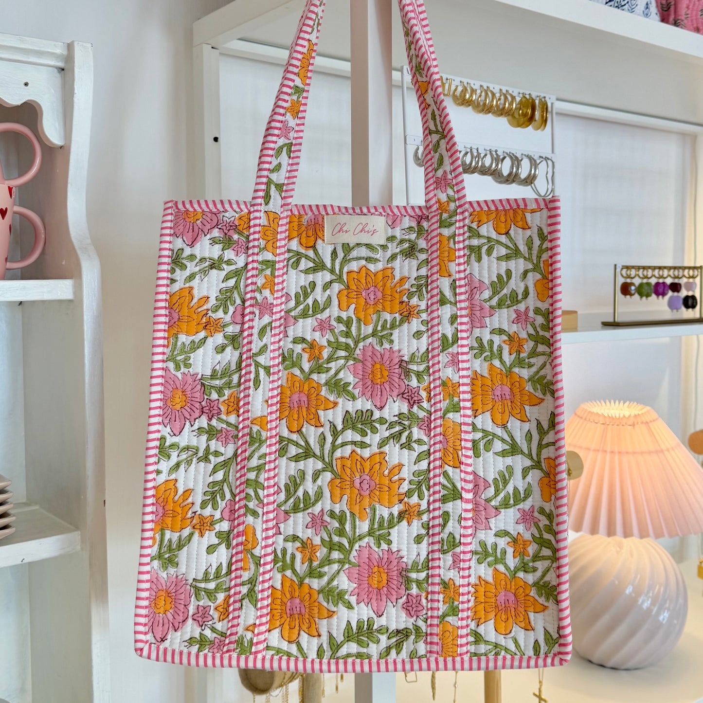 🩷 Pink & Green Floral Quilted Cotton Tote Bag