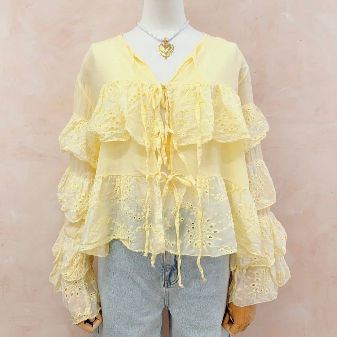 Yellow Broderie Tie Up Blouse