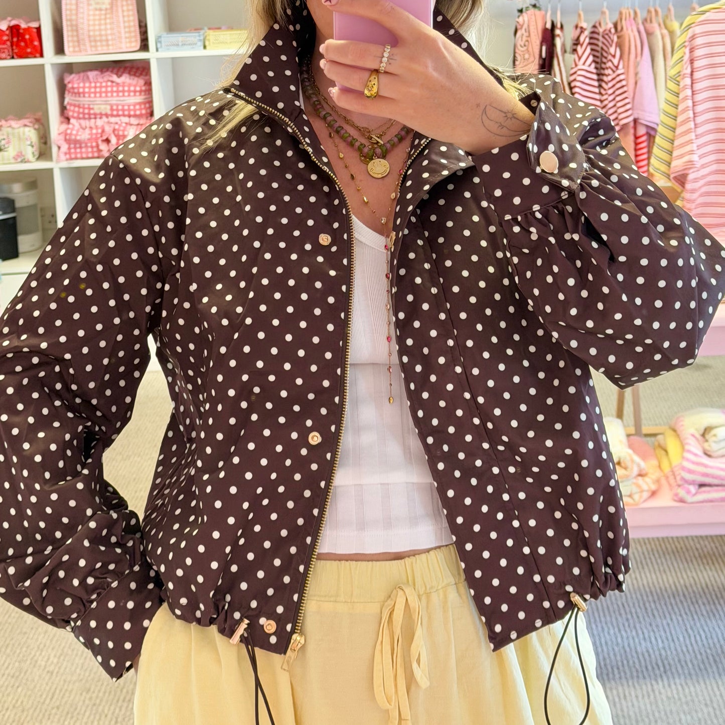 Brown Polka Dot High Neck Jacket