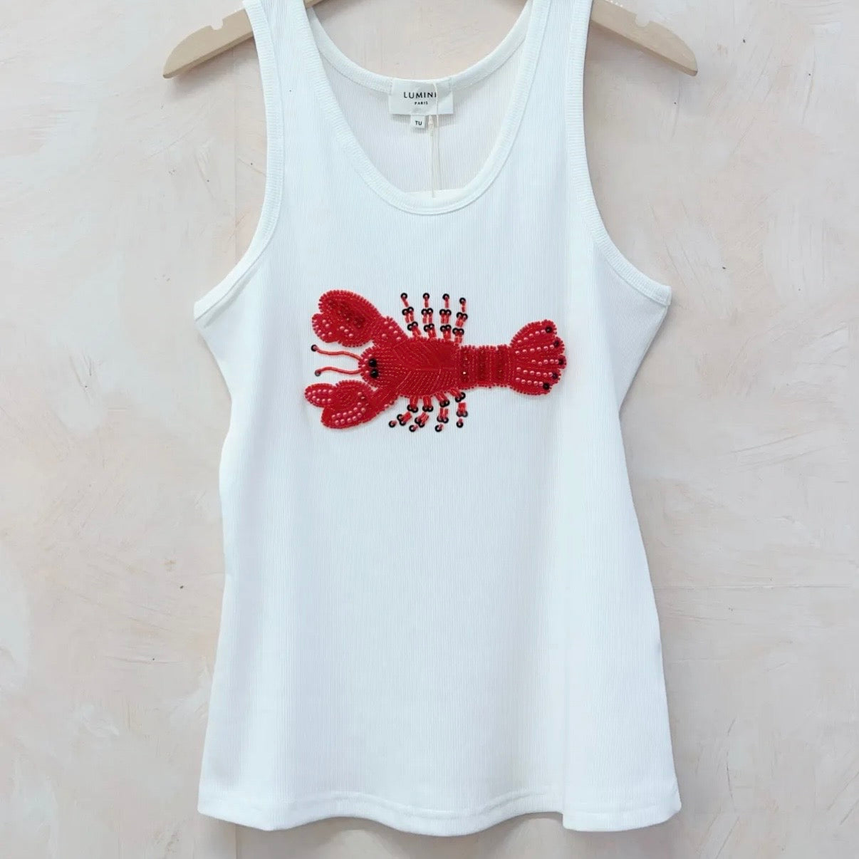 Hand Beaded Lobster Ribbed Tank Top