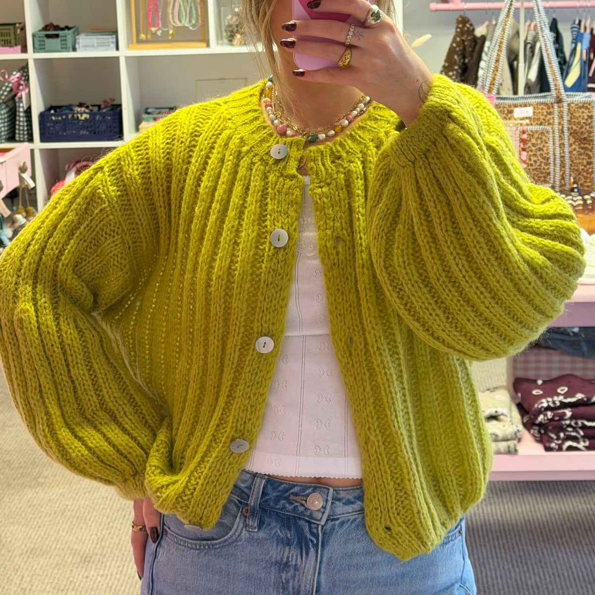 Olive Green Knitted Balloon Sleeve Cardigan