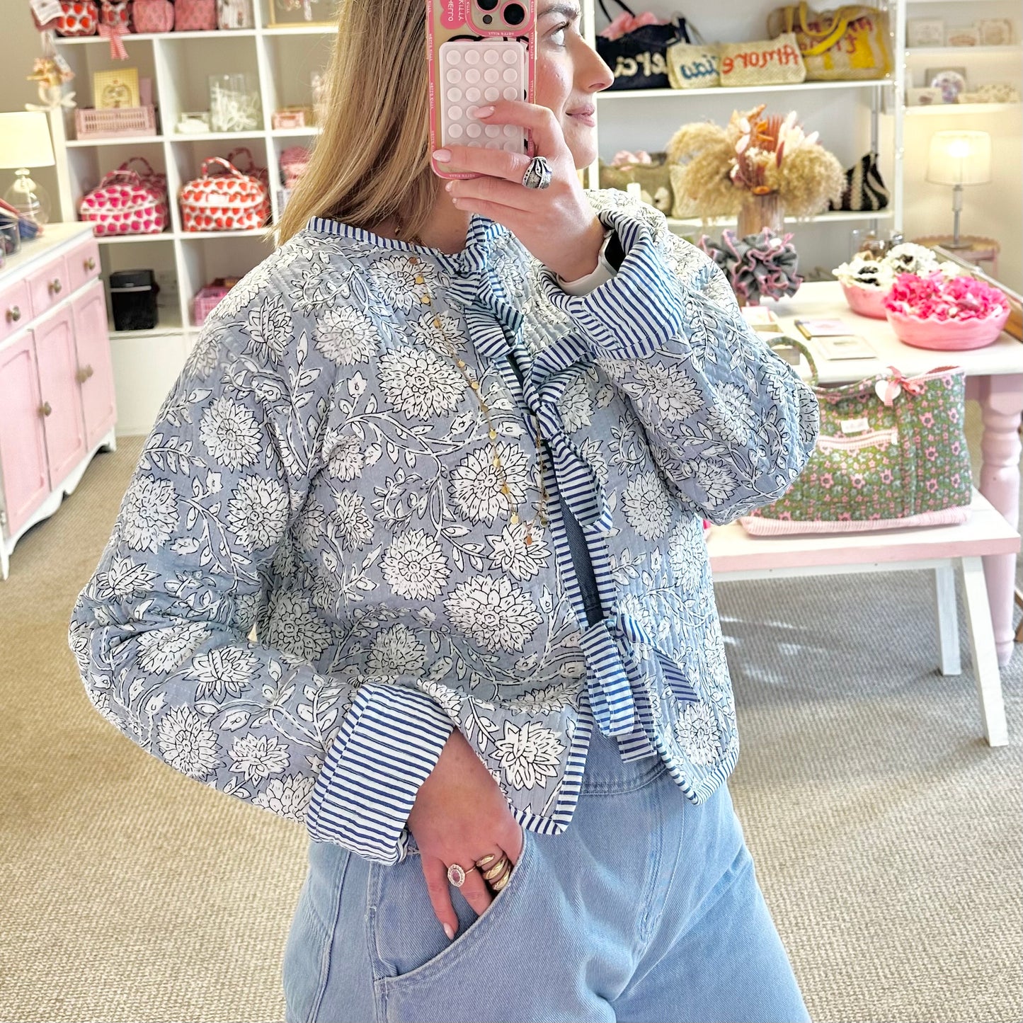 Blue & White Handmade Quilted Tie Up Bow Jacket