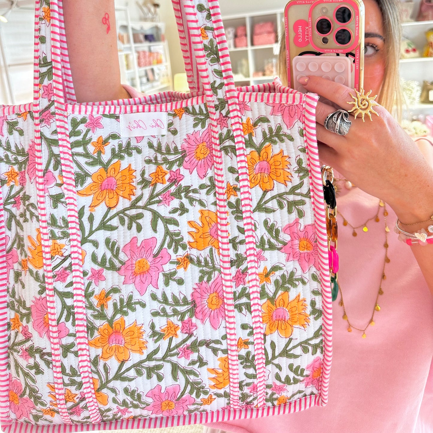 🩷COMING BACK SOON🩷 Pink & Green Floral Quilted Cotton Tote Bag