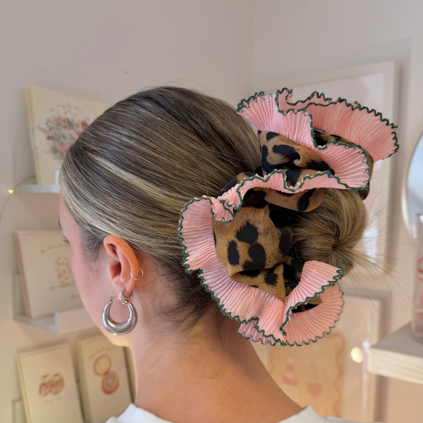 Leopard Print Frilly Scrunchie With Pink Trim