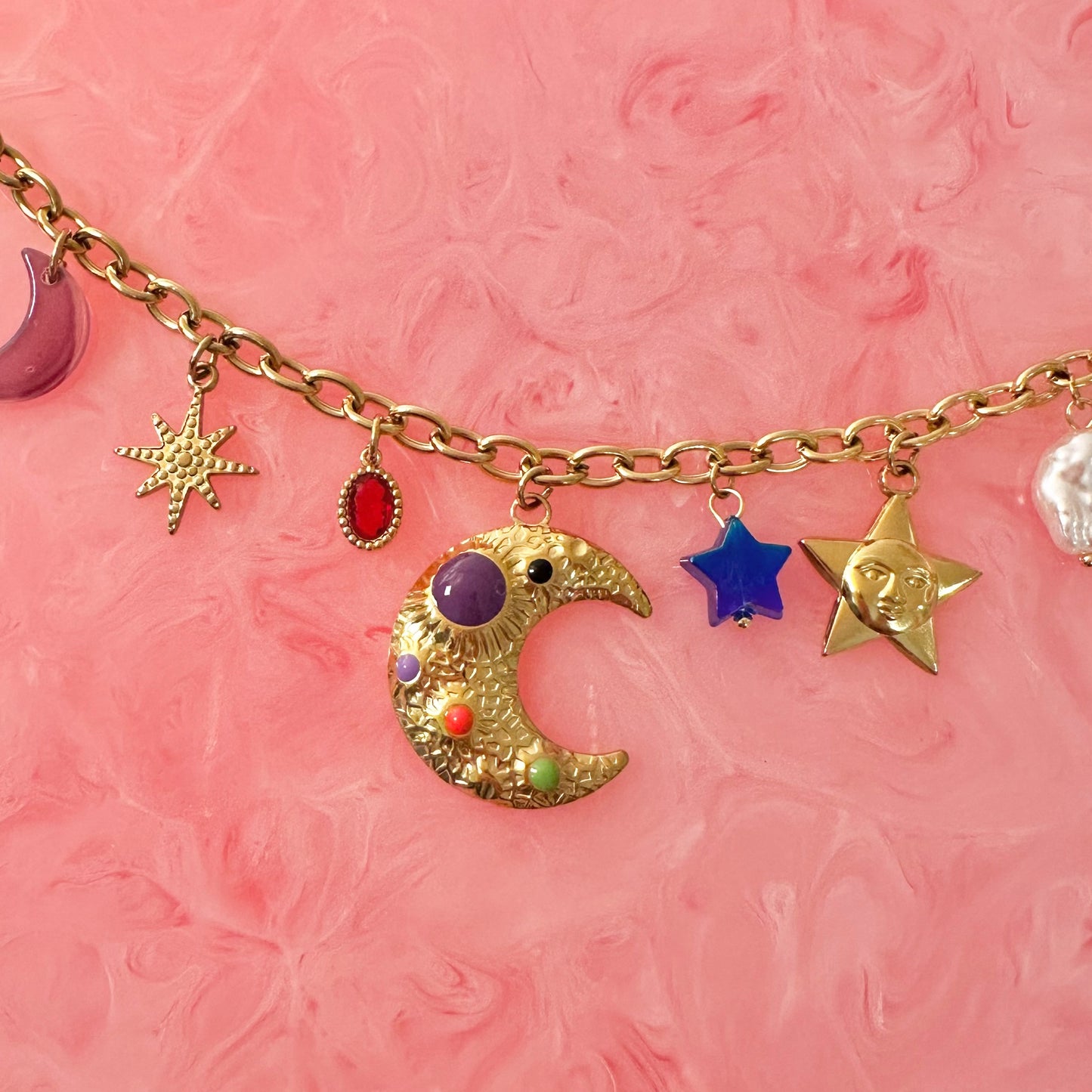 Moon & Bead Chunky Charm Necklace