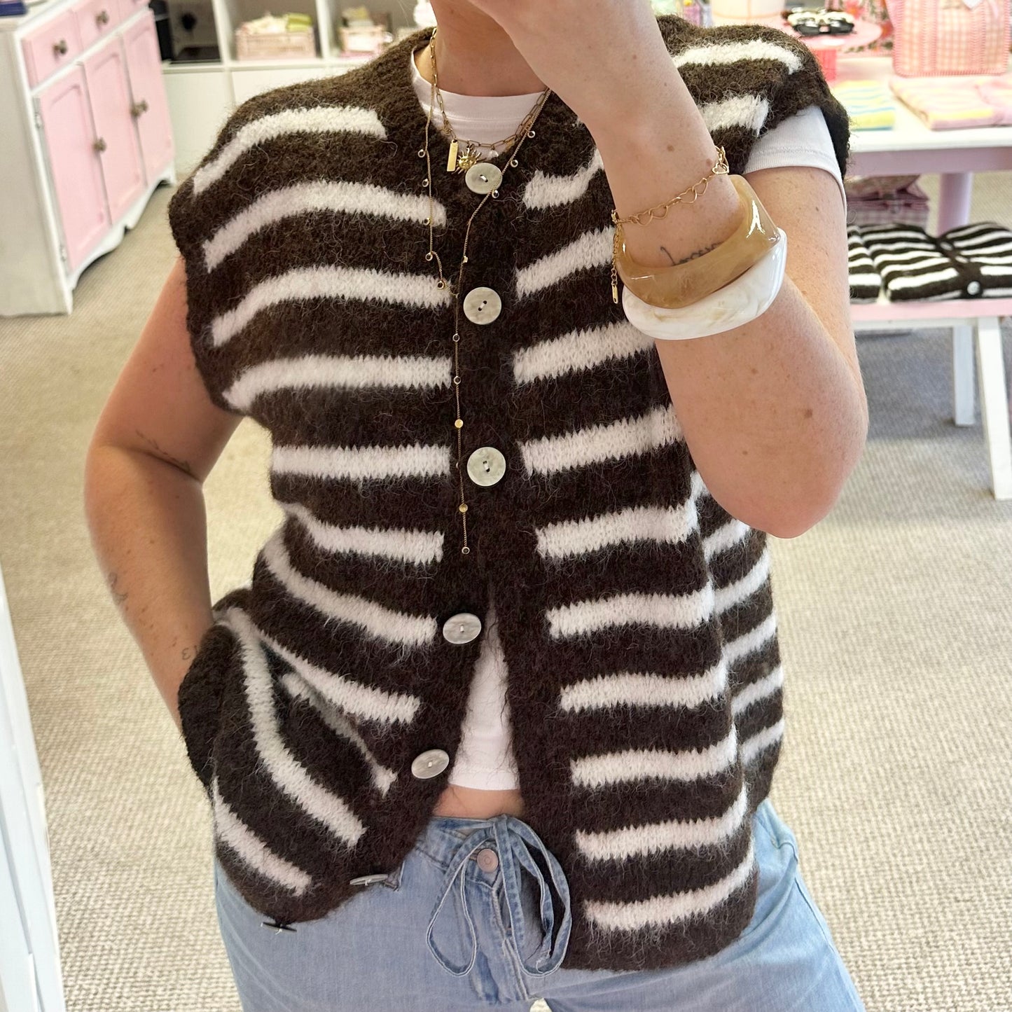 Mocha Brown Stripe Soft Short Sleeve Cardigan