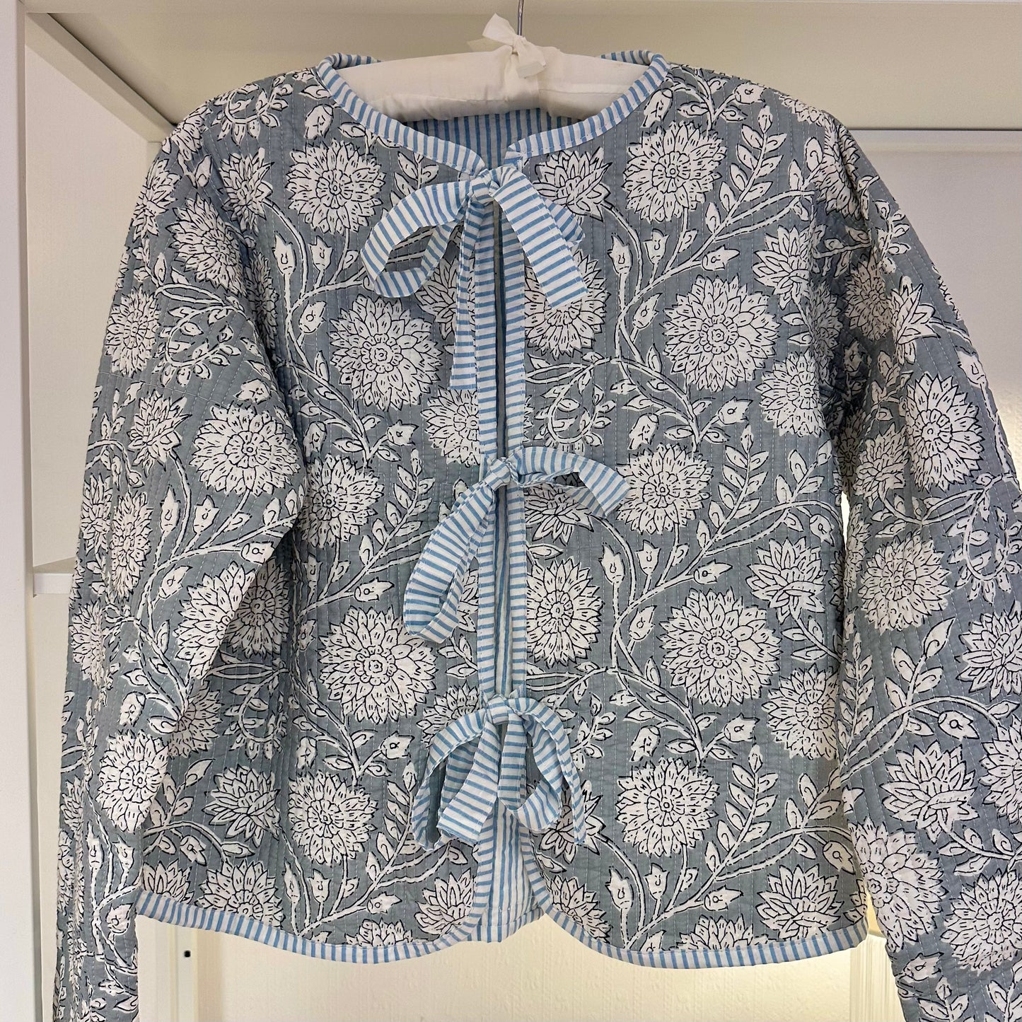 Blue & White Handmade Quilted Tie Up Bow Jacket