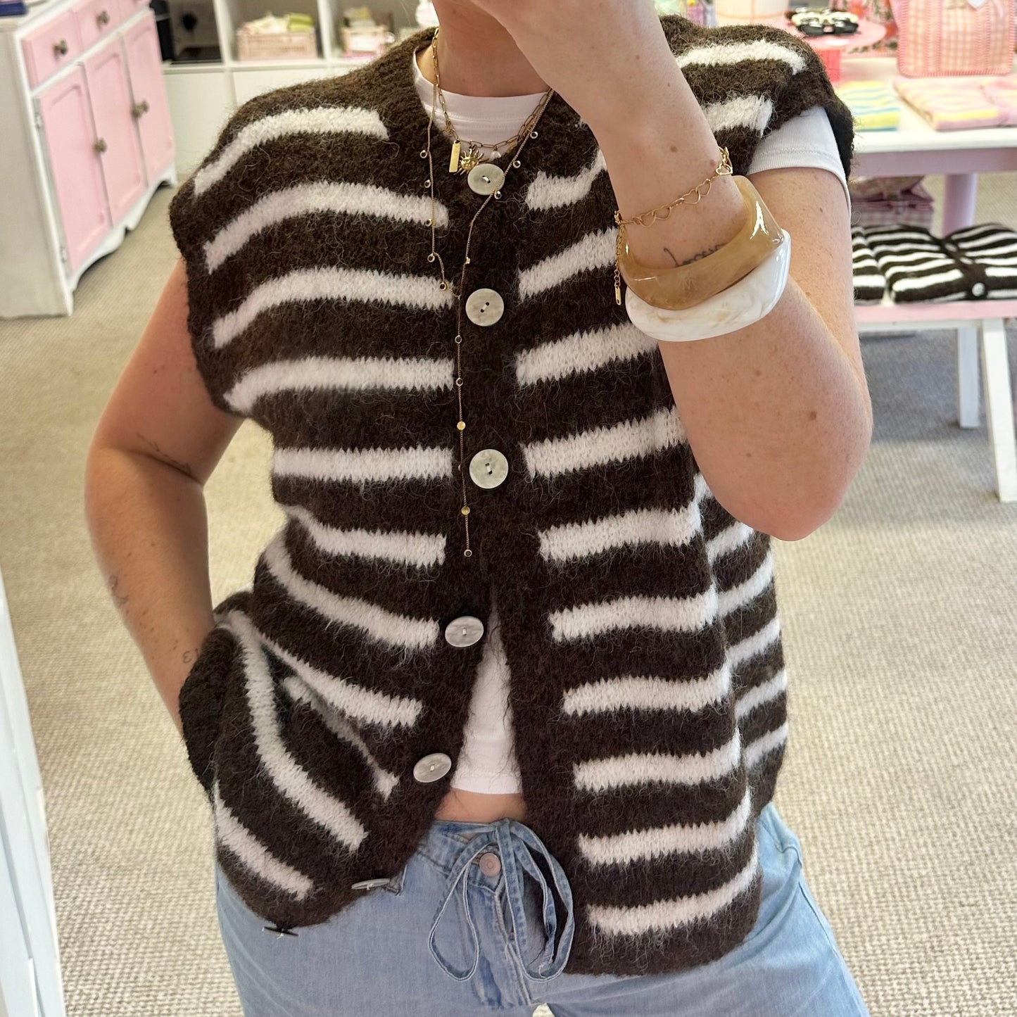 Mocha Brown Stripe Soft Short Sleeve Cardigan