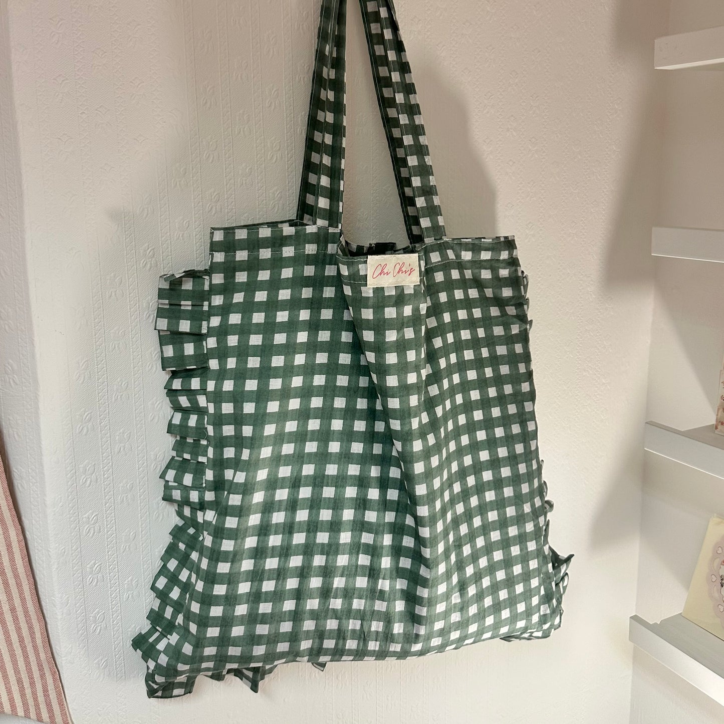 Green Gingham Frilly Cotton Tote Bag