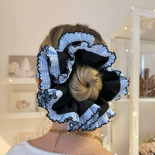 Frilly Black Scrunchie With Blue Gingham Trim
