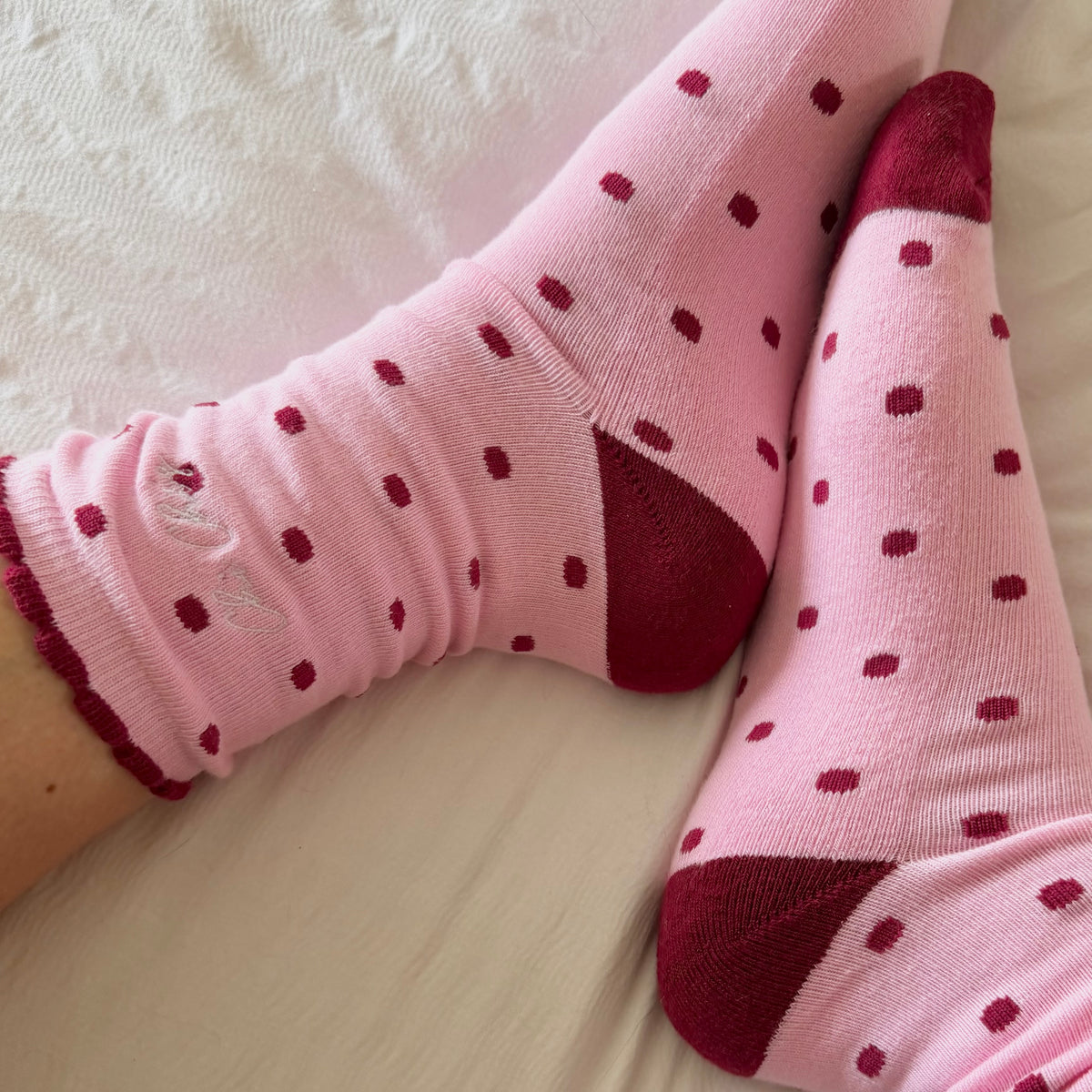 ‘Chi Chi’s’ Pink & Burgundy Polka Dot Socks 🩷