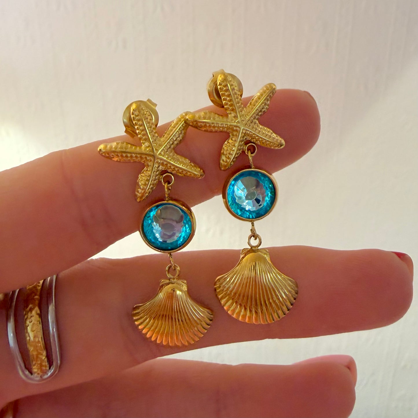 Gold Starfish & Aqua Blue Crystal Shell Earrings