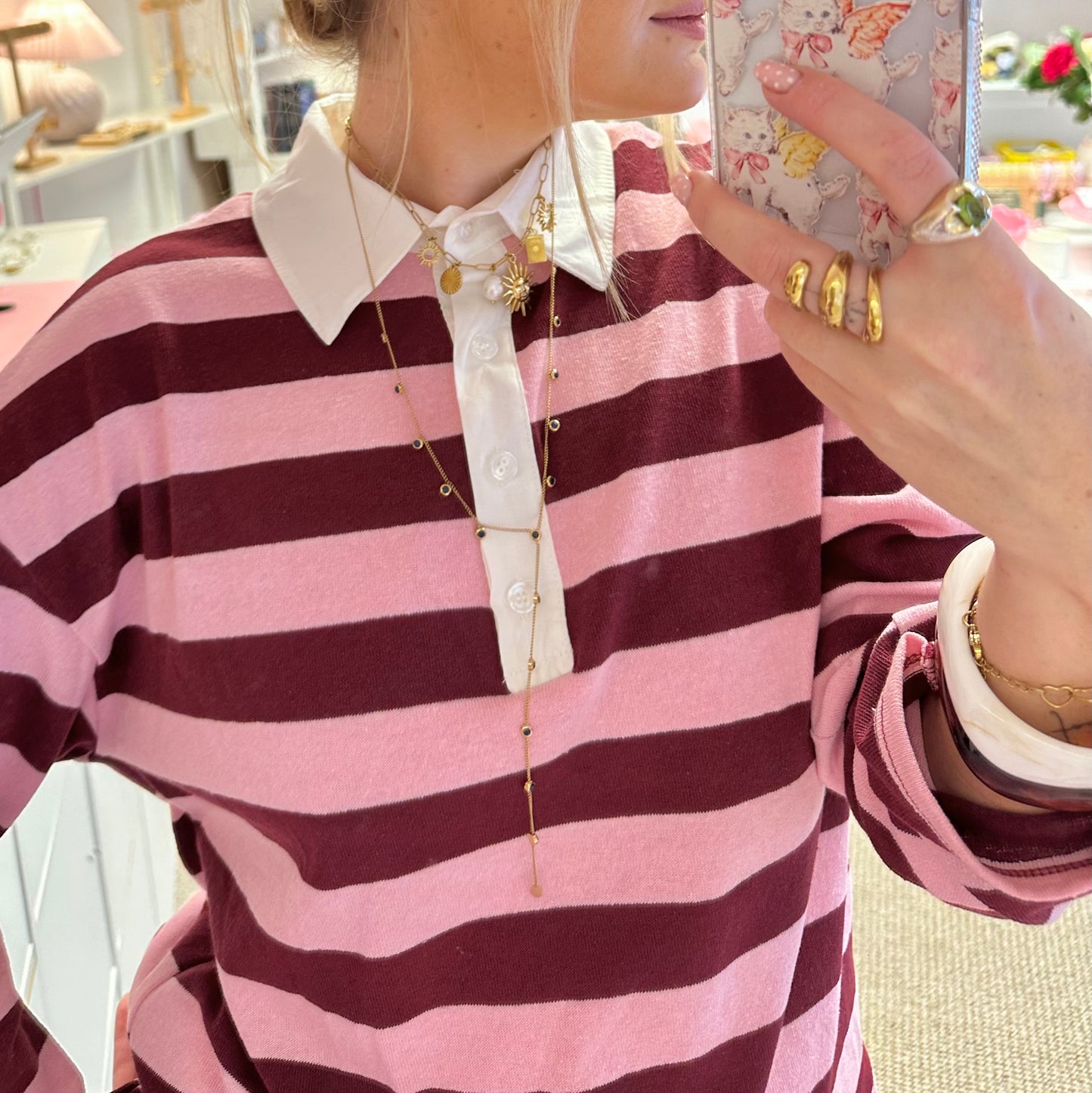 Pink & Burgundy Stripe Rugby Style T-Shirt (PRE-ORDER)
