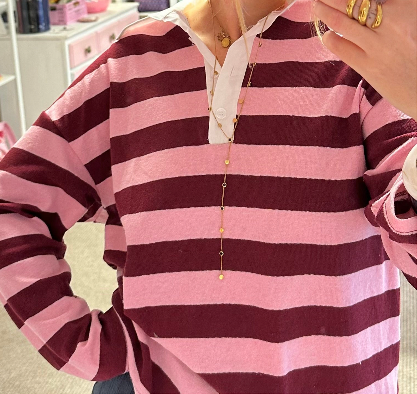 Pink & Burgundy Stripe Rugby Style T-Shirt (PRE-ORDER)