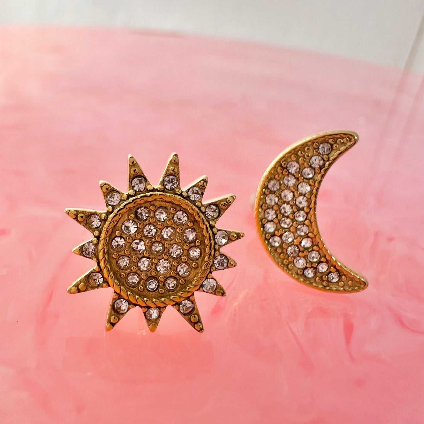 Rhinestone Sun & Moon Gold Studs