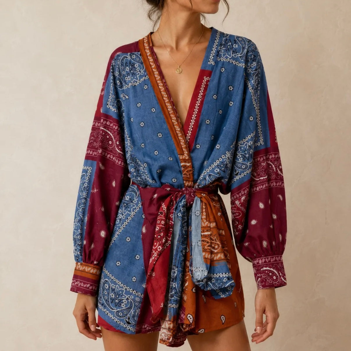 Burgundy Bandana Print Cotton Mini Wrap Dress