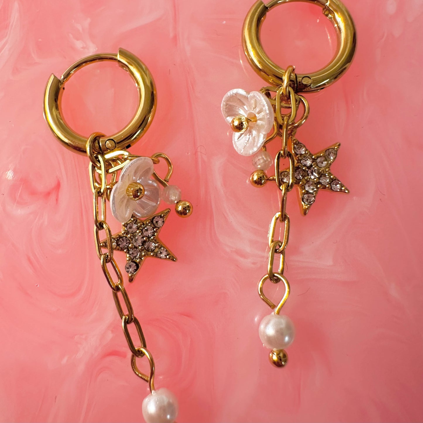 Dangle Charm Star & Flower Hoop Earrings