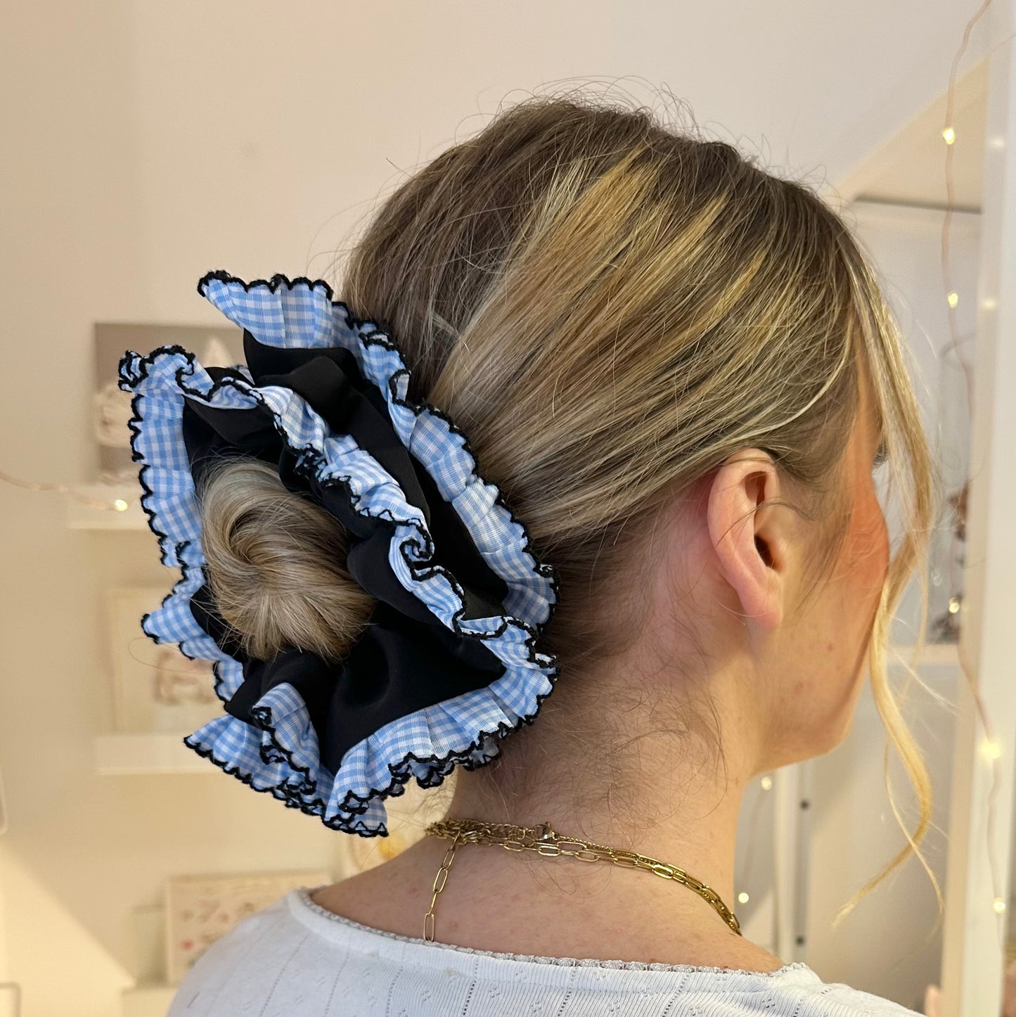 Frilly Black Scrunchie With Blue Gingham Trim