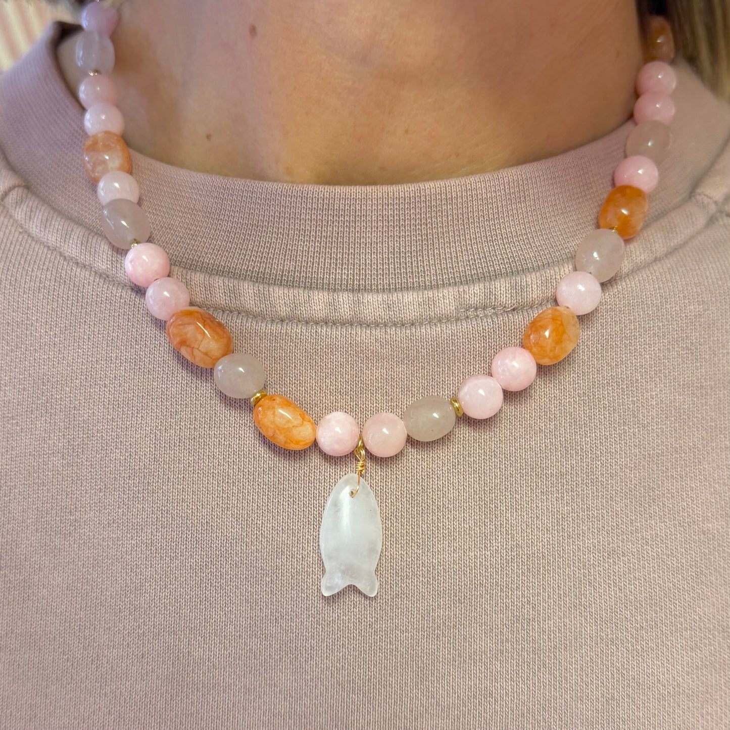 🧡 Orange & Pink Beaded Necklace With Fish
