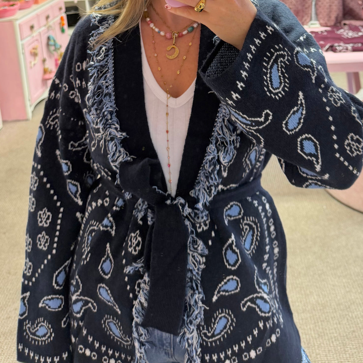 Navy Blue Pasiley Bandana Print Wrap Around Cardigan With Tie
