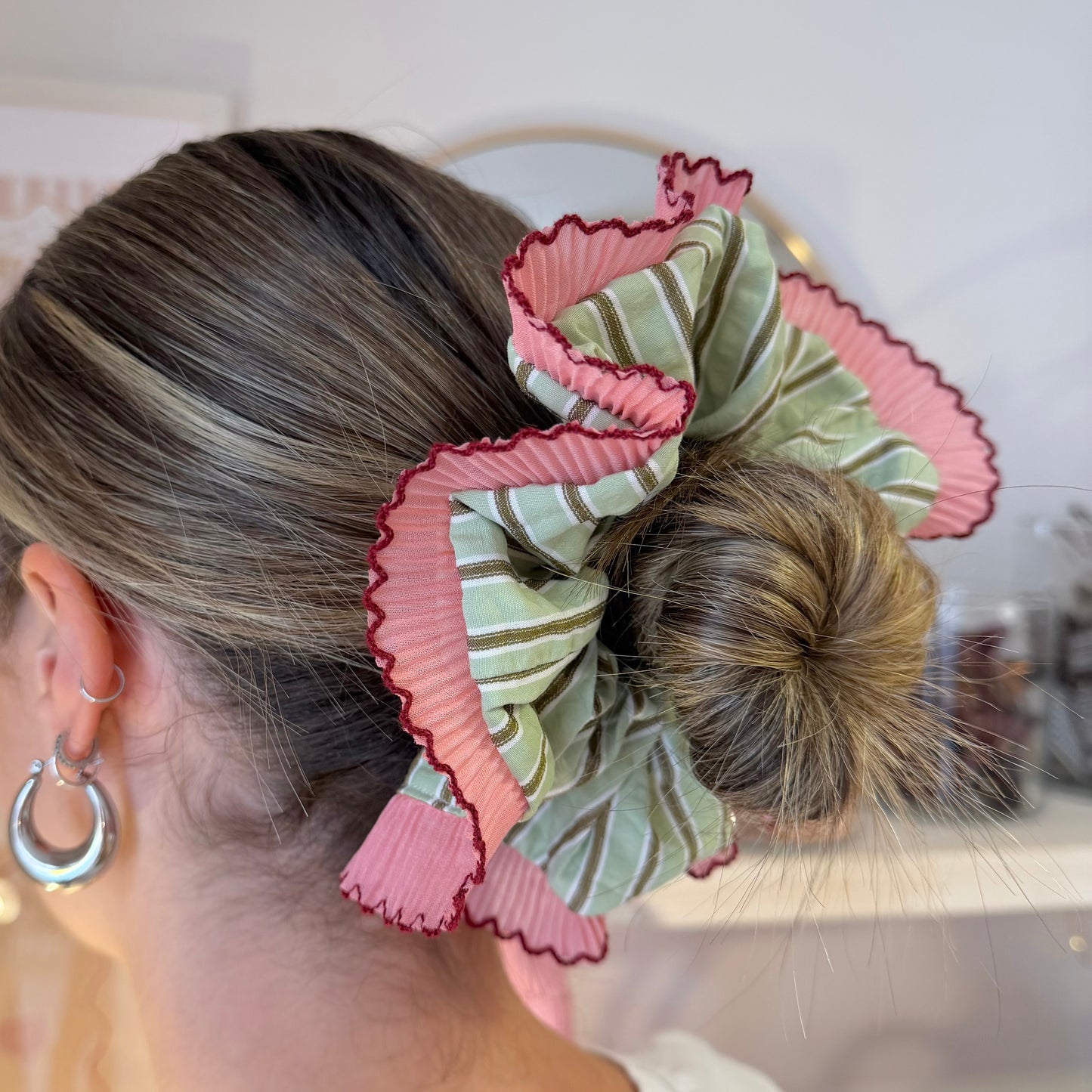 Frilly Green Stripe Scrunchie With Pink & Burgundy Trim