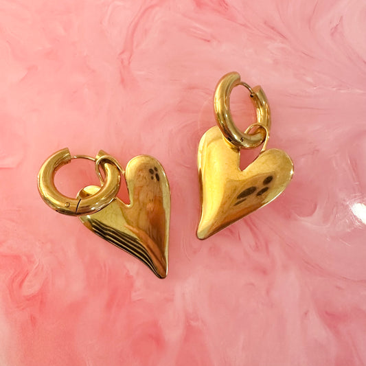 Gold Puffy Heart Earrings With Mini Hoop
