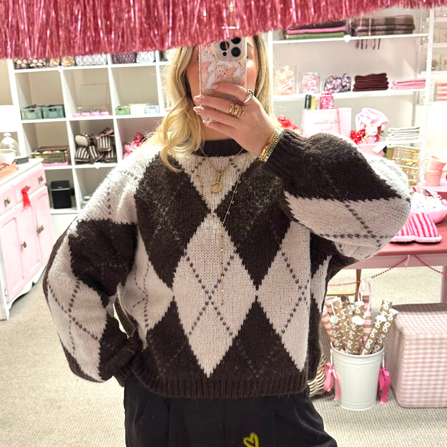 Argyle Pattern Chunky Knit Jumper In Brown & Cream