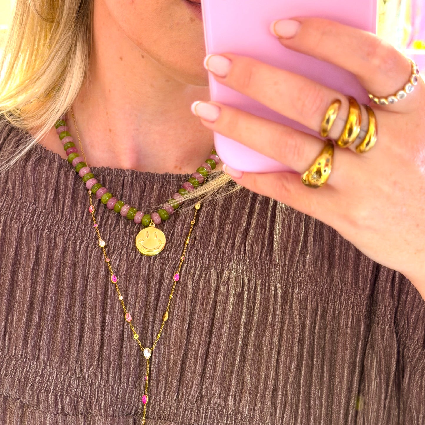😊 Smiley Face Pink & Green Beaded Necklace