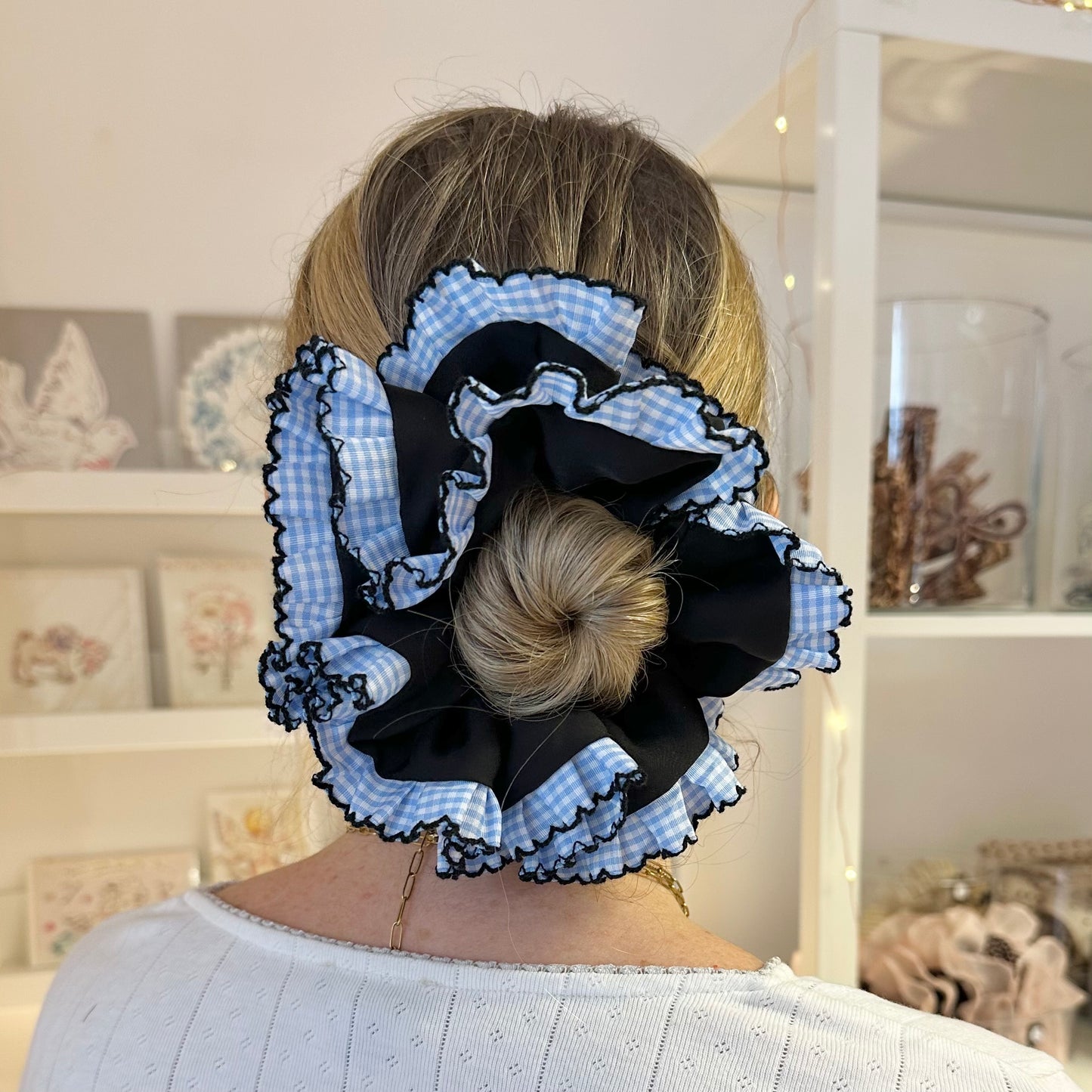 Frilly Black Scrunchie With Blue Gingham Trim