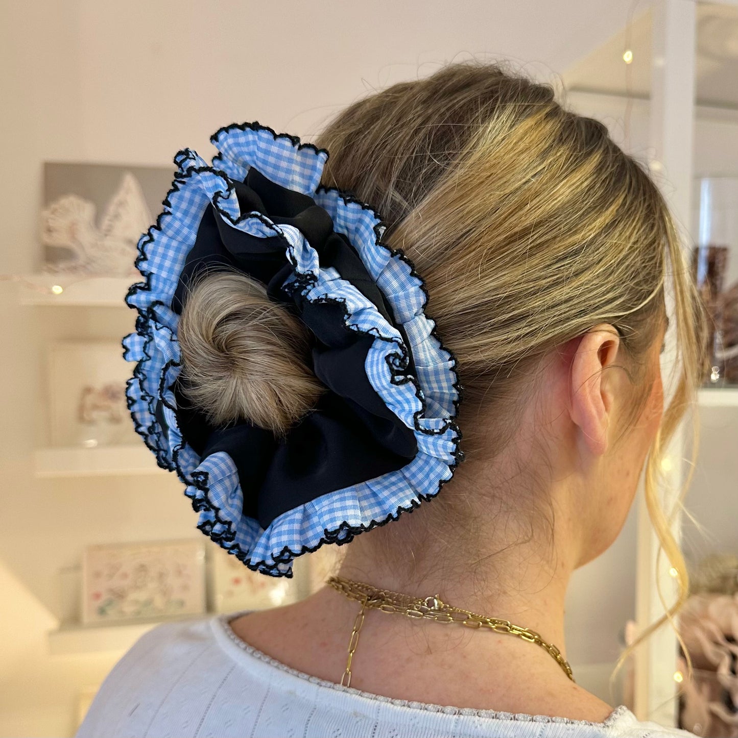 Frilly Black Scrunchie With Blue Gingham Trim