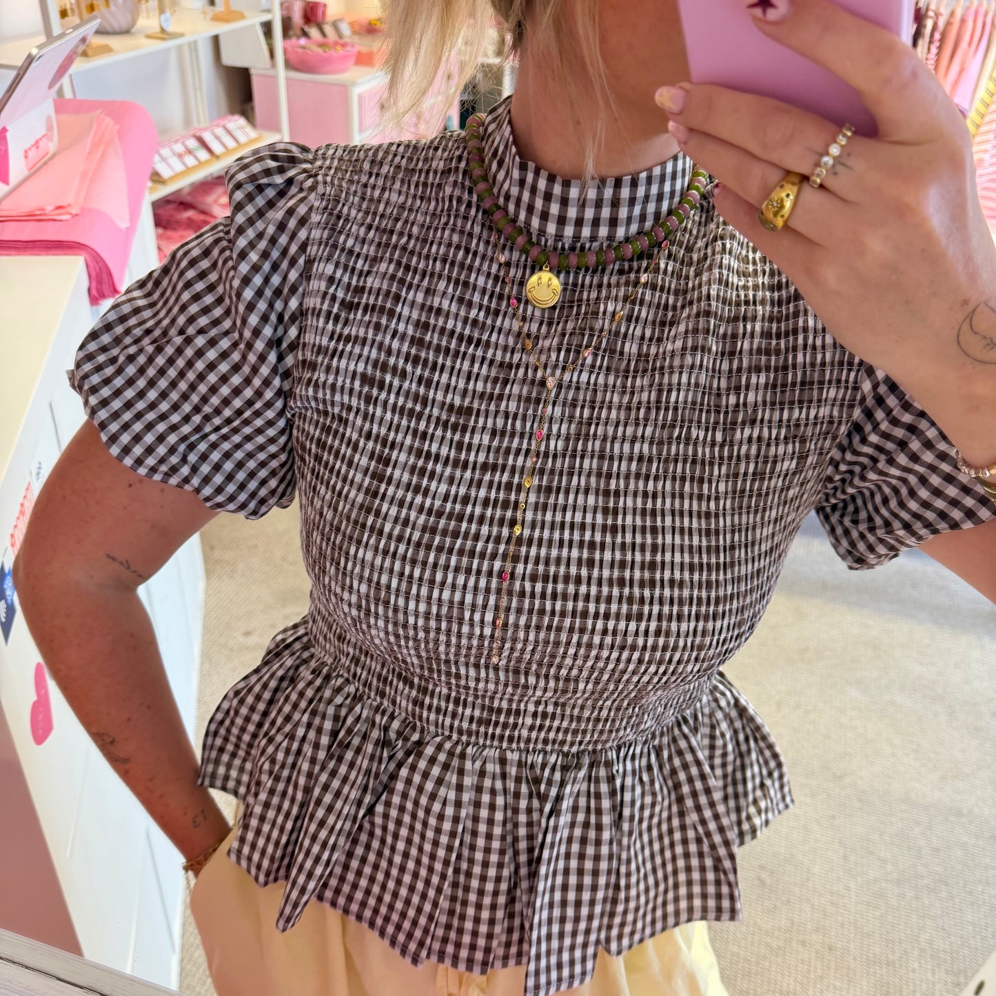 Brown Gingham Peplum Style Blouse