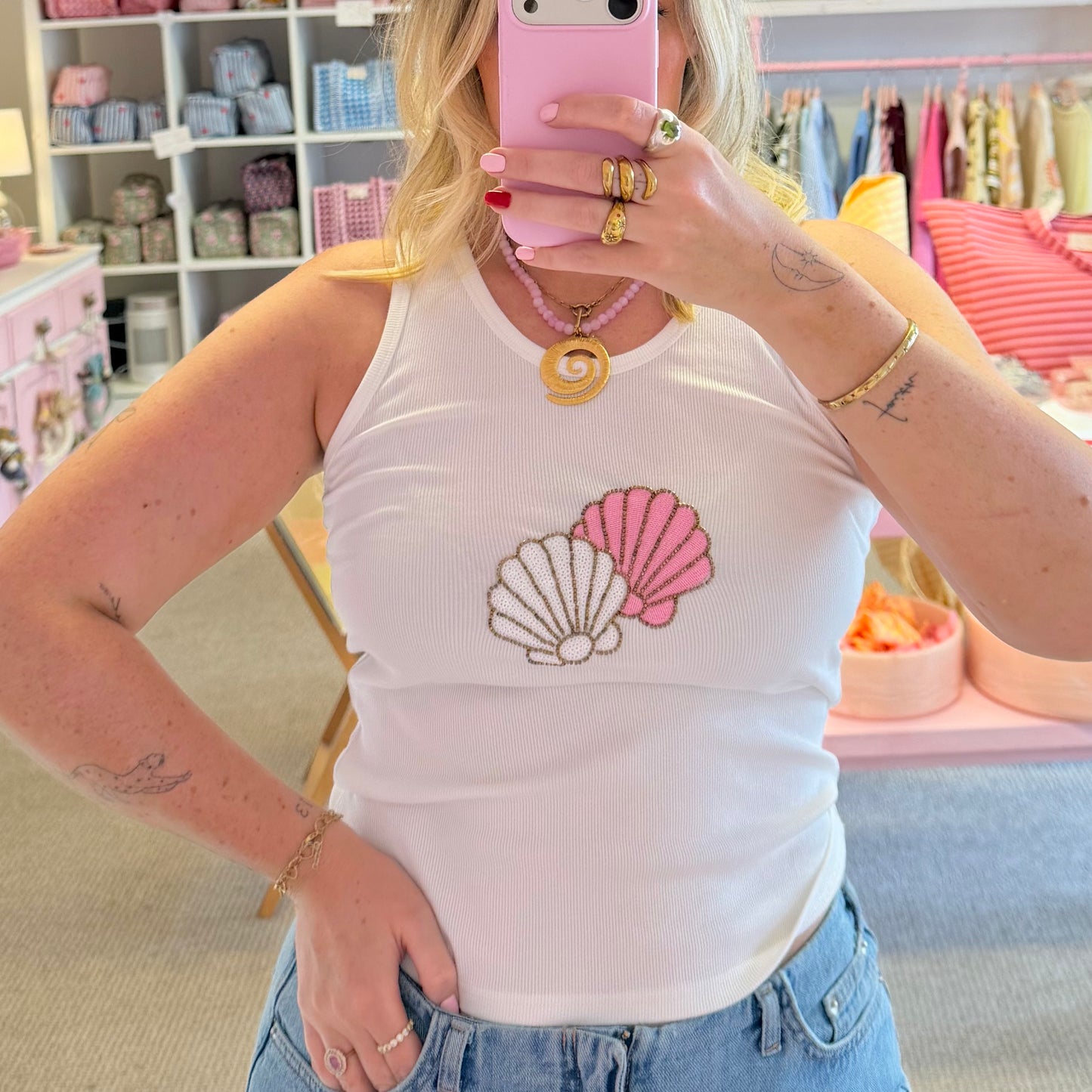 Hand Beaded Pink & White Seashell Ribbed Tank Top