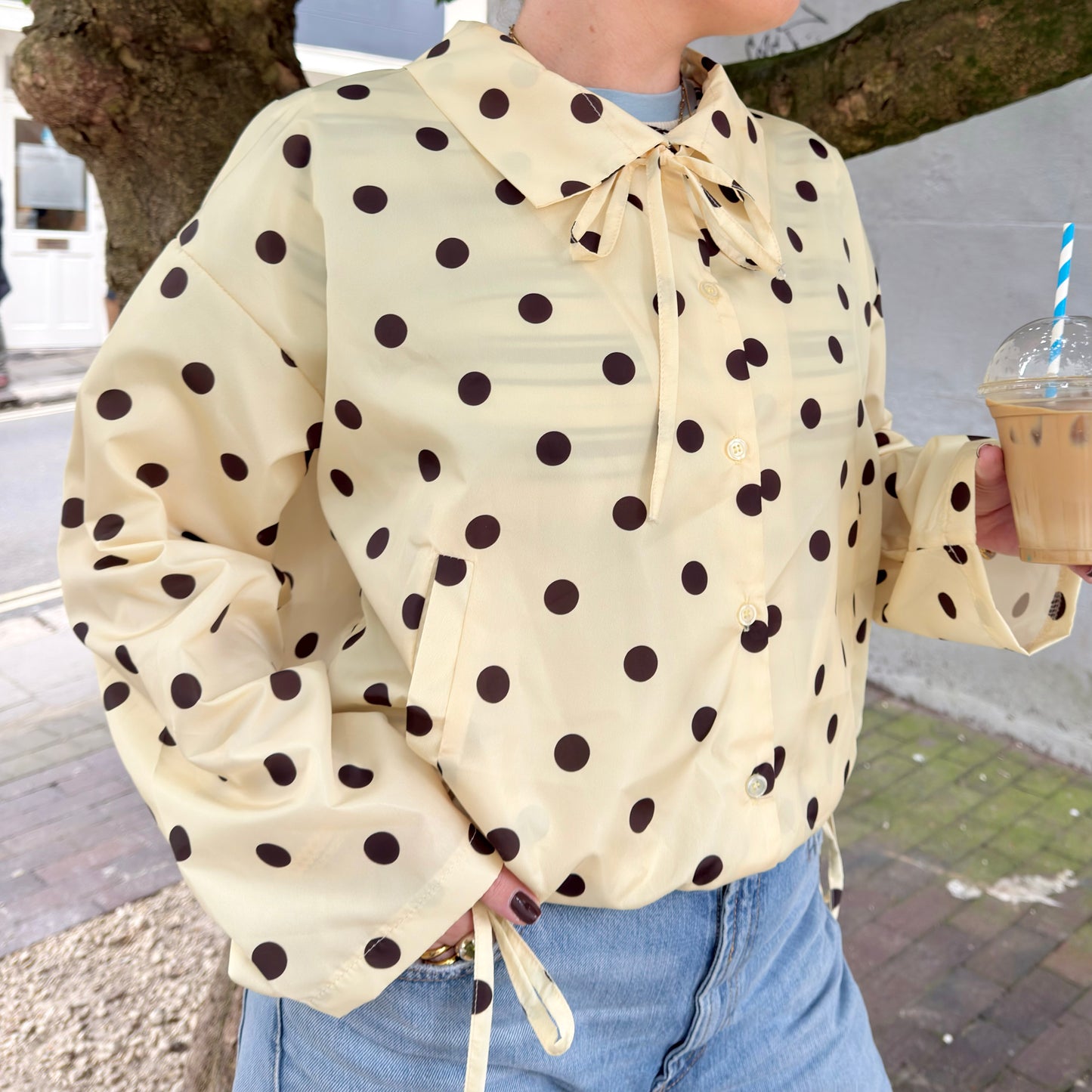 🤎 Yellow Light Weight Jacket With Brown Polka Dots