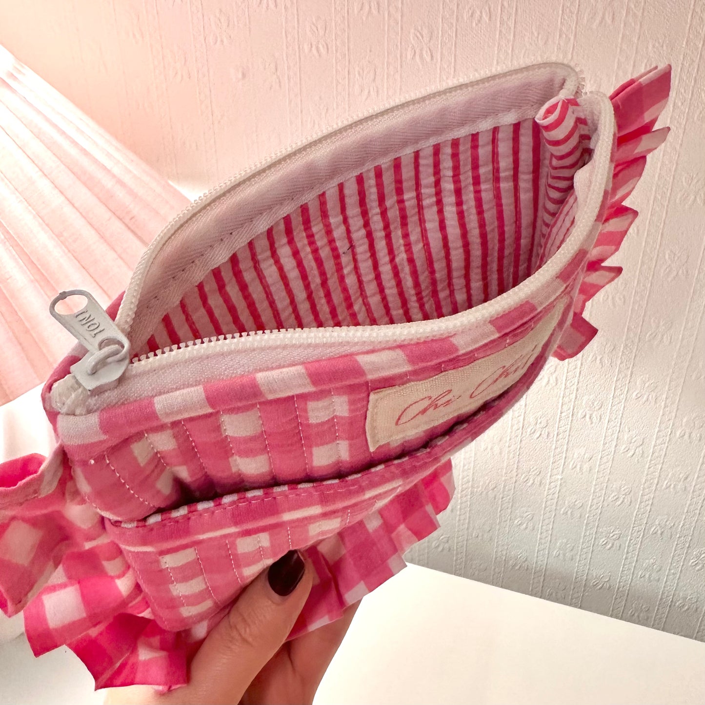🩷NEW🩷 Pink Gingham Frill Side Pouch/Clutch With Front Pocket