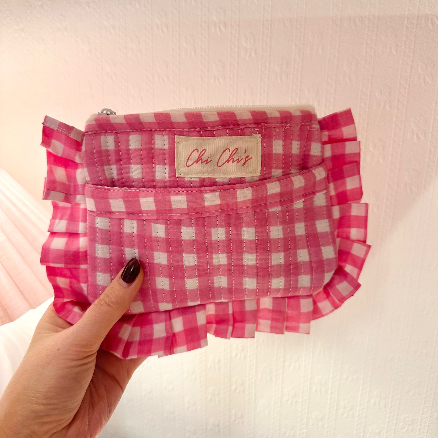 🩷 Pink Gingham Frilly Pouch/Clutch With Front Pocket