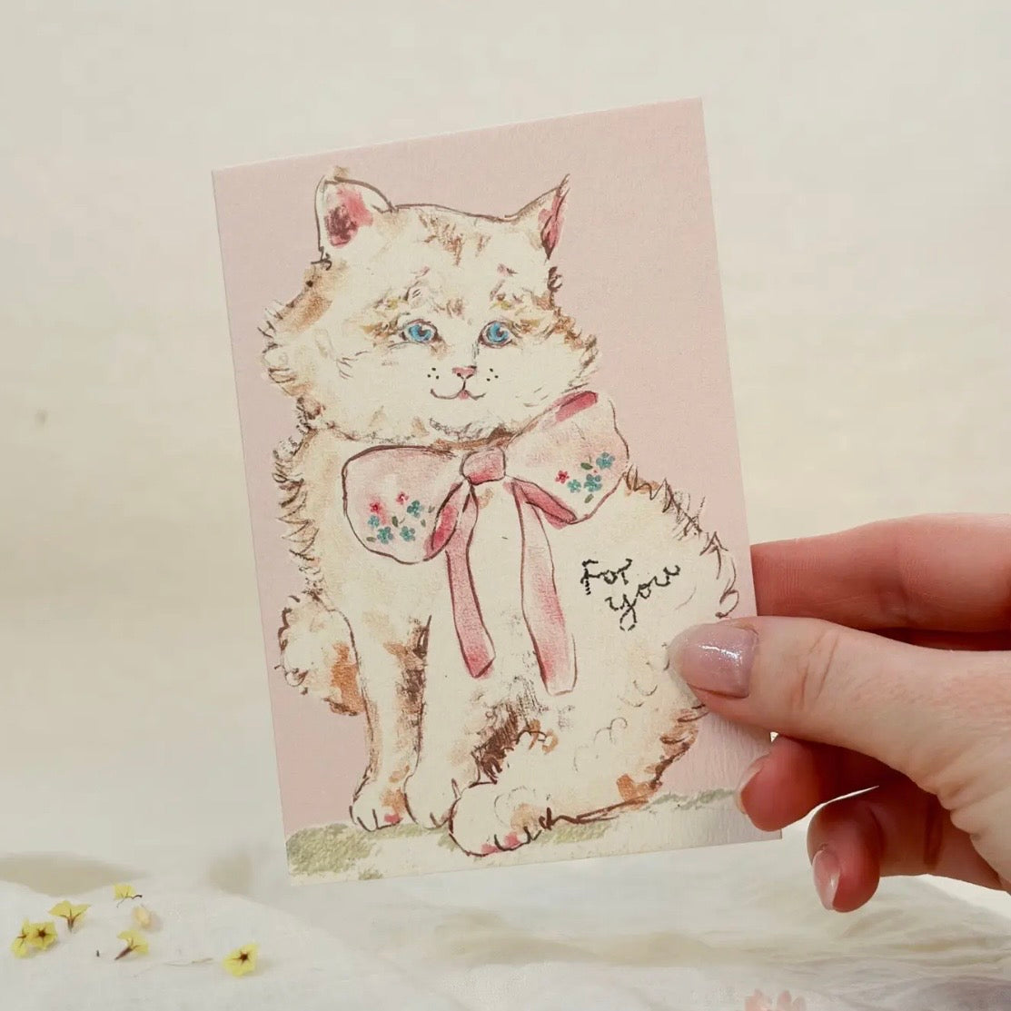 ‘For You’ Pink Kitty Bow Greeting Card