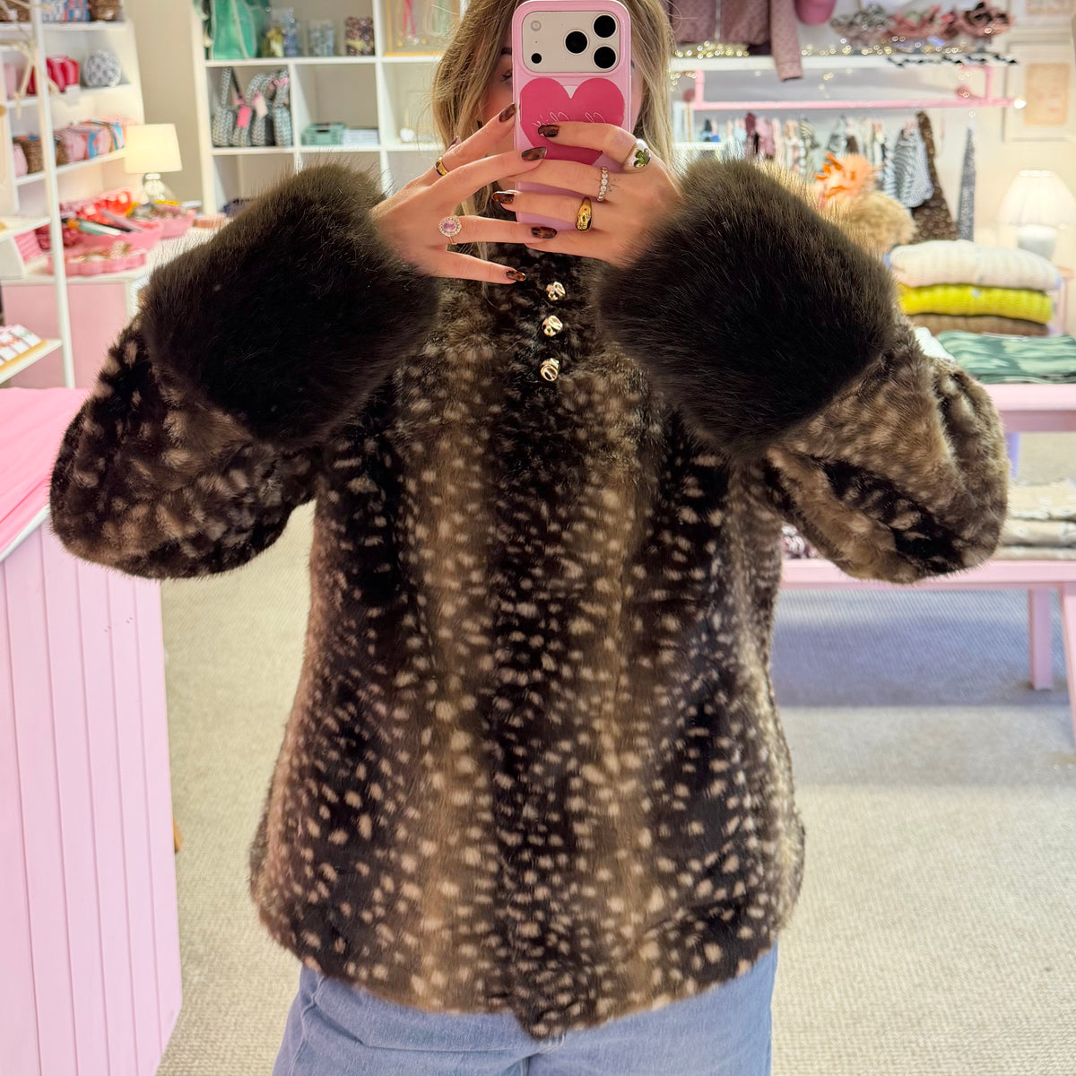 Brown Deer-Print Jacket with Fluffy Cuffs