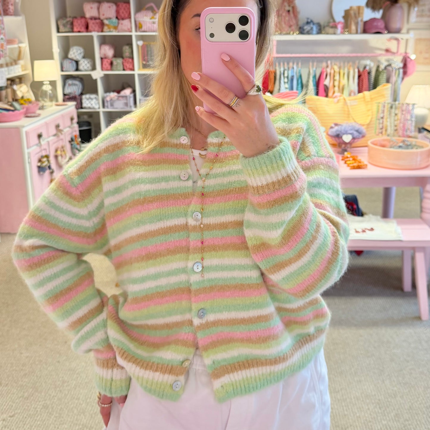 Pastel Green & Pink Stripe Super Soft Cardigan