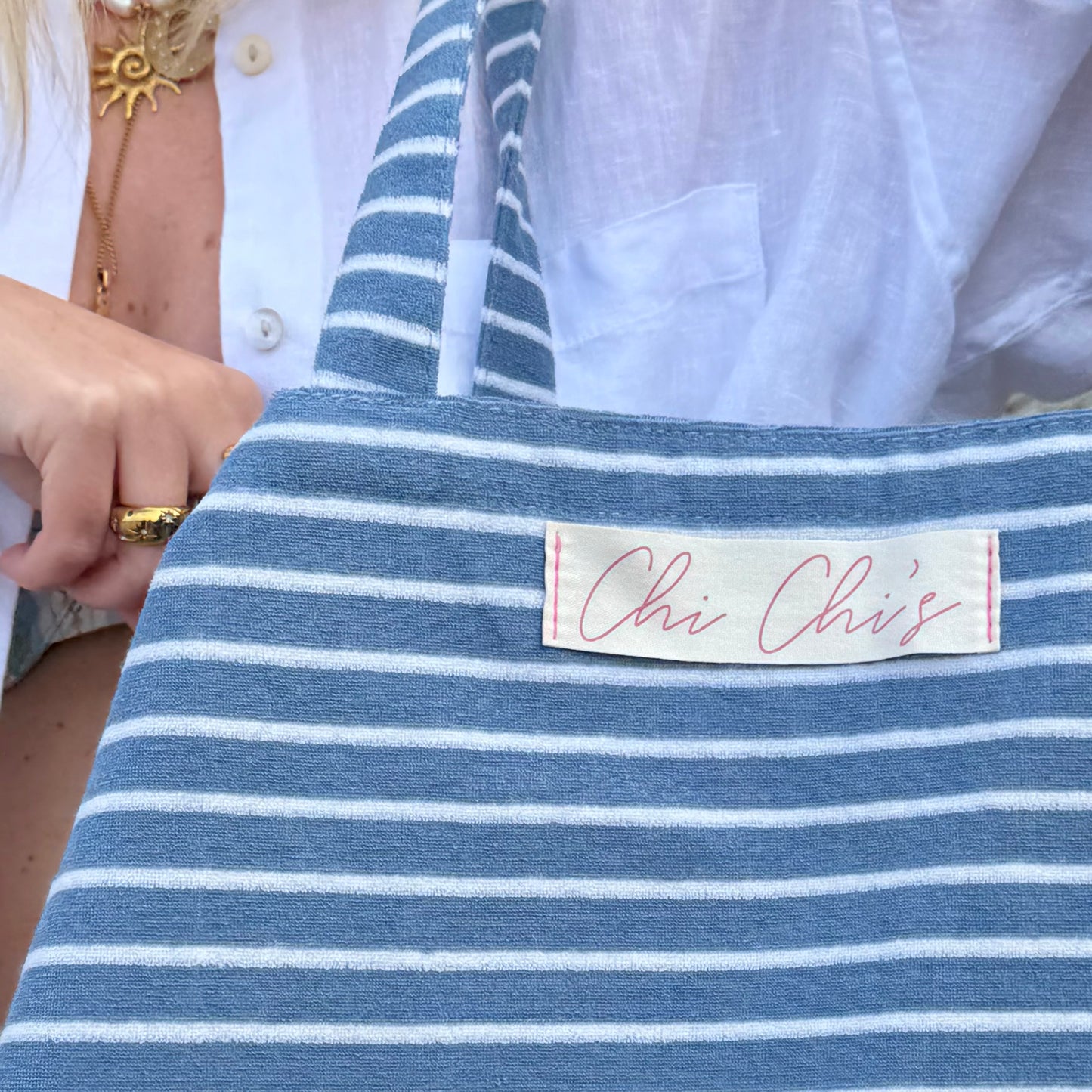 'Chi Chi's' Blue & White Stripe Terry Cloth Large Tote Bag 💙