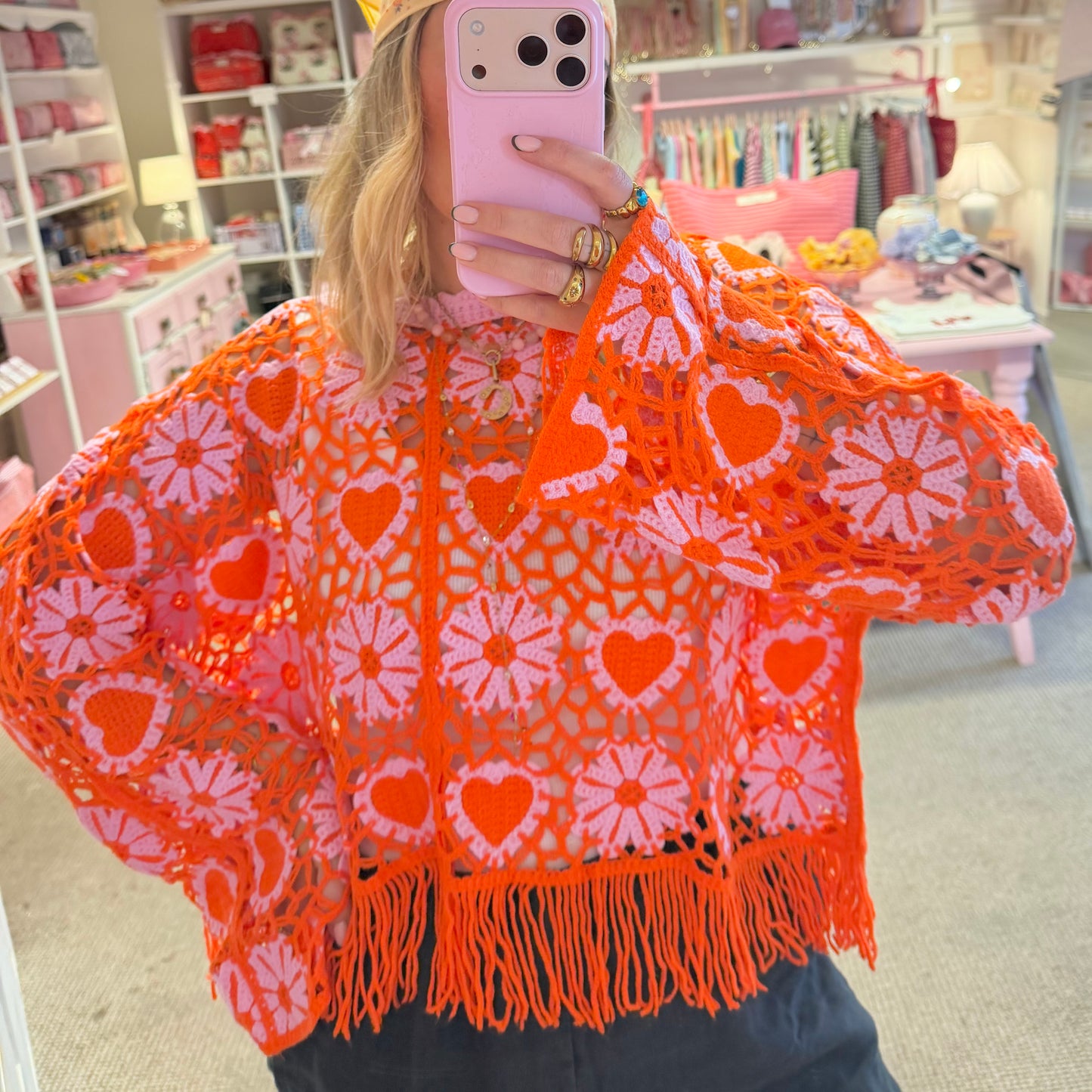 Orange & Pink Crochet Blouse With Tassels