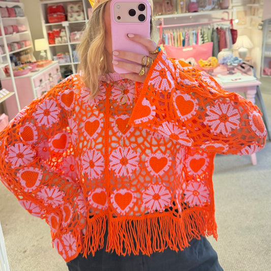 Orange & Pink Crochet Blouse With Tassels