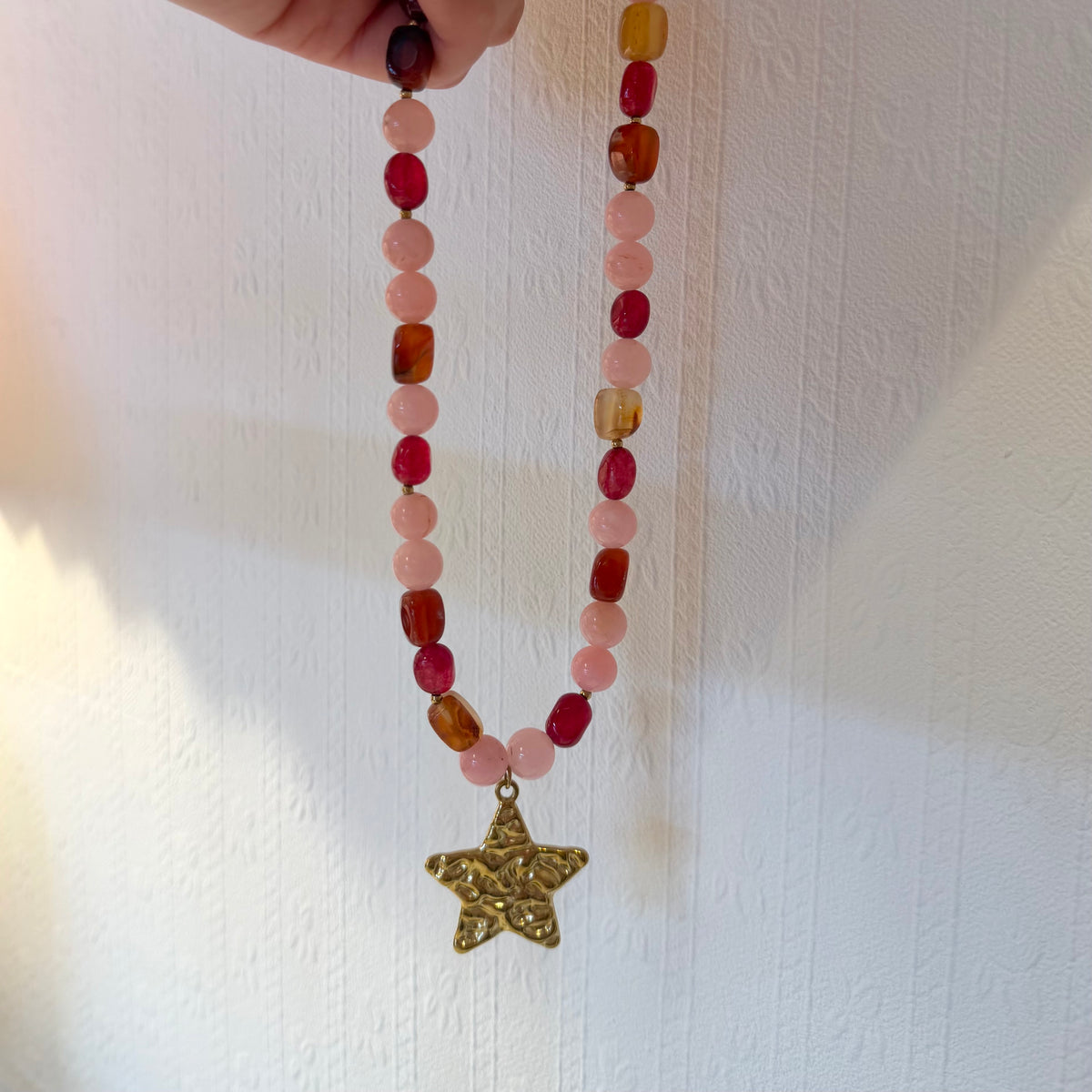 Red & Pink Mixed Bead Necklace With Waterproof Star Charm
