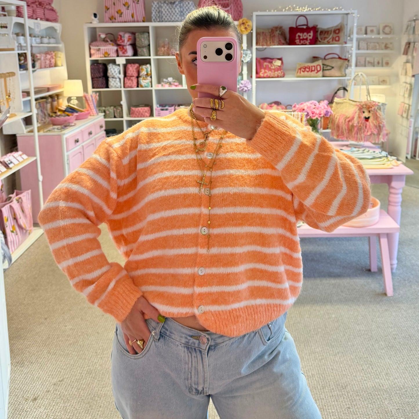 Super Soft Peach & White Stripe Cardigan